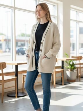 Old Navy Cream Cardigan Sweater with Navy Blue Trim and Front Pockets Medium